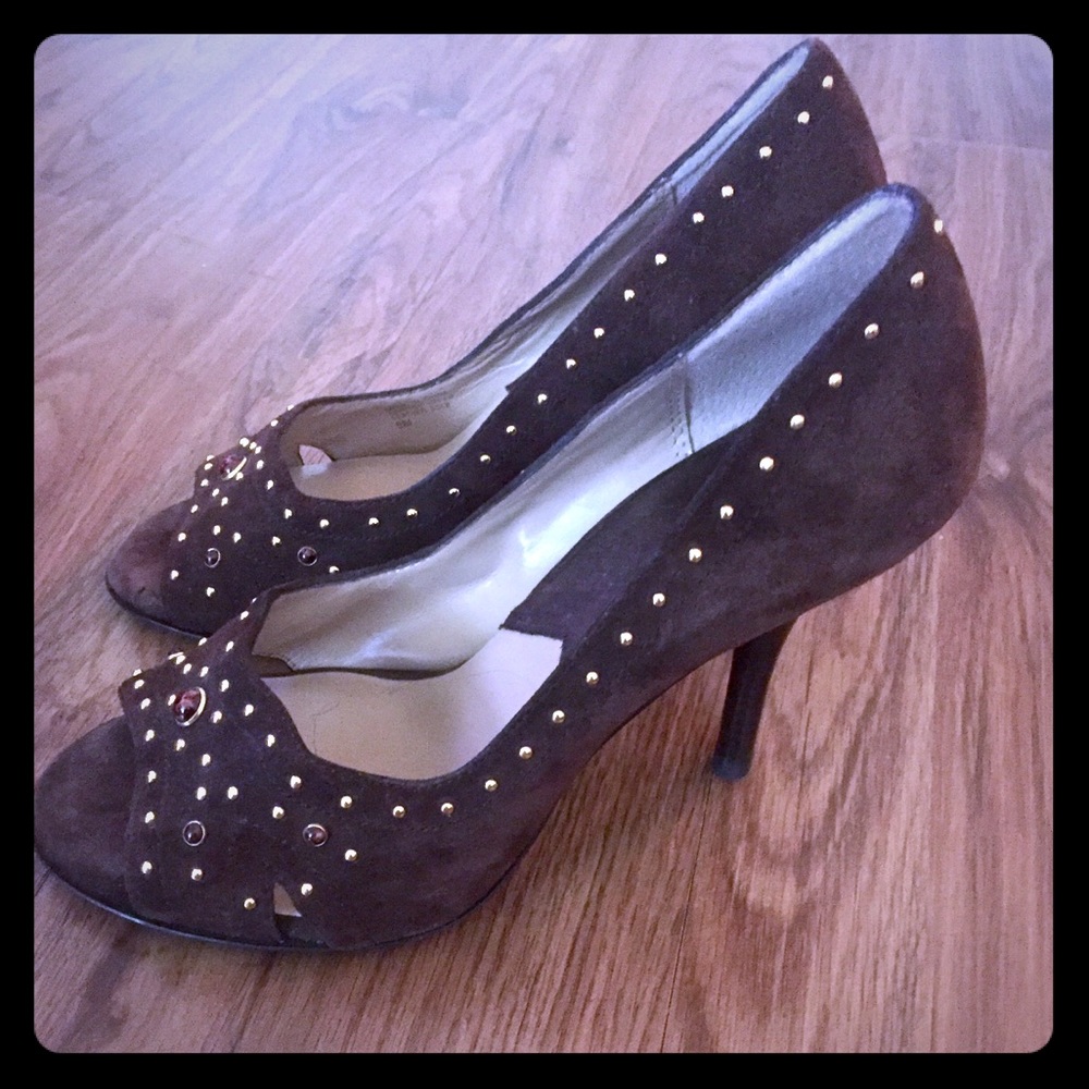 Michael Kors Brown Suede Gold Stud Heels (Size 8M)